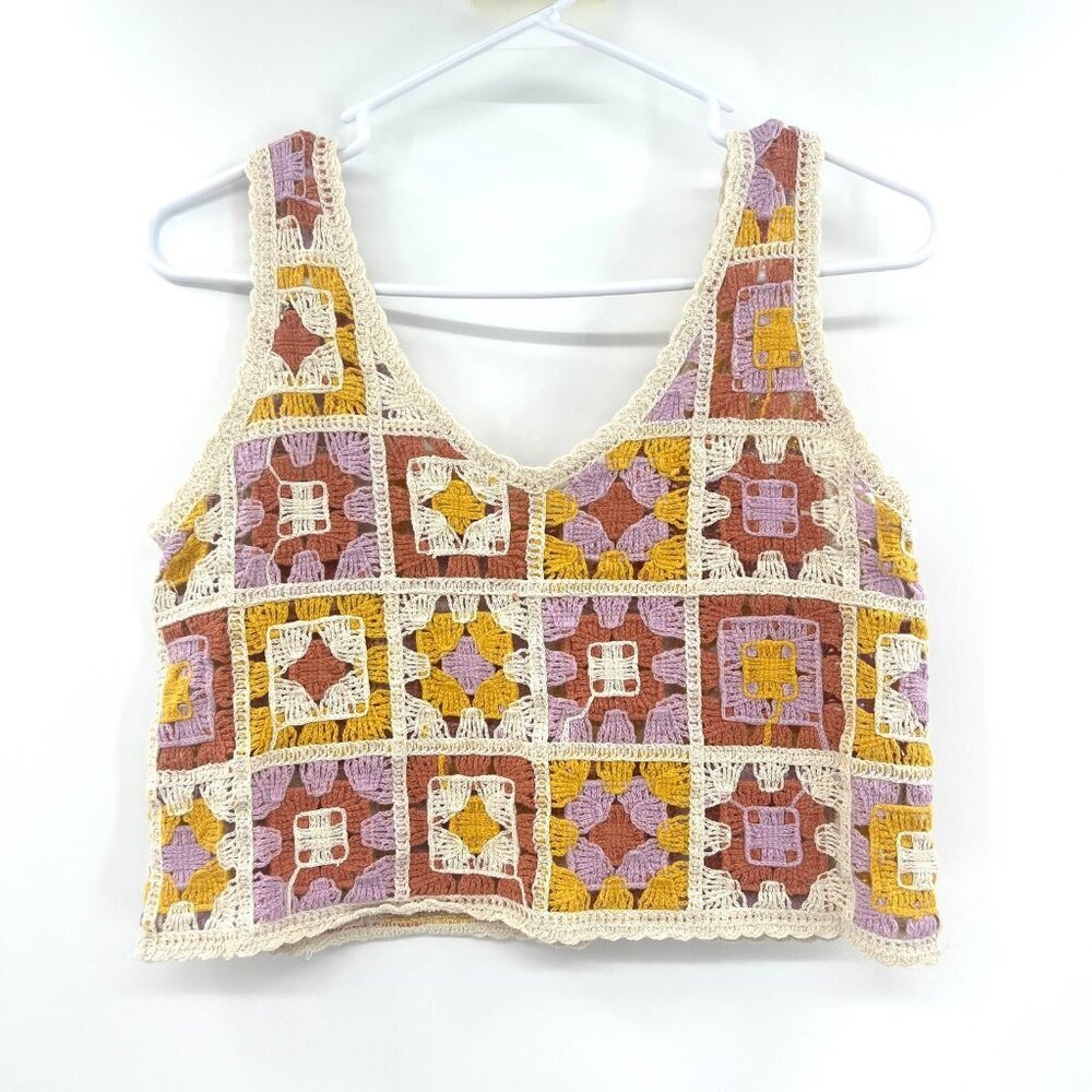 Rebellion Crochet Ivory Purple Orange Knit Crop Top Women's Small